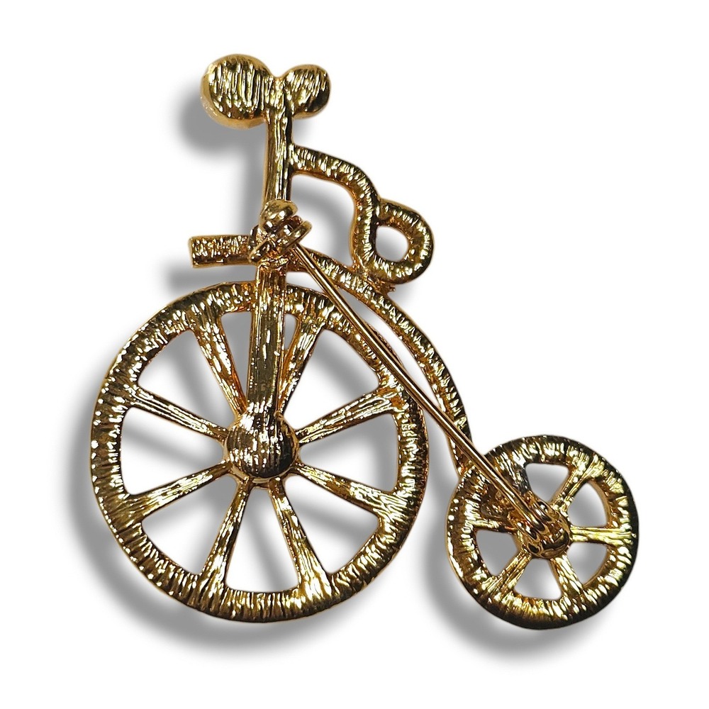 Rhinestone Penny Farthing Bicycle Brooch Moving Wheels Gold Tone Vintage OS - Picture 3 of 5